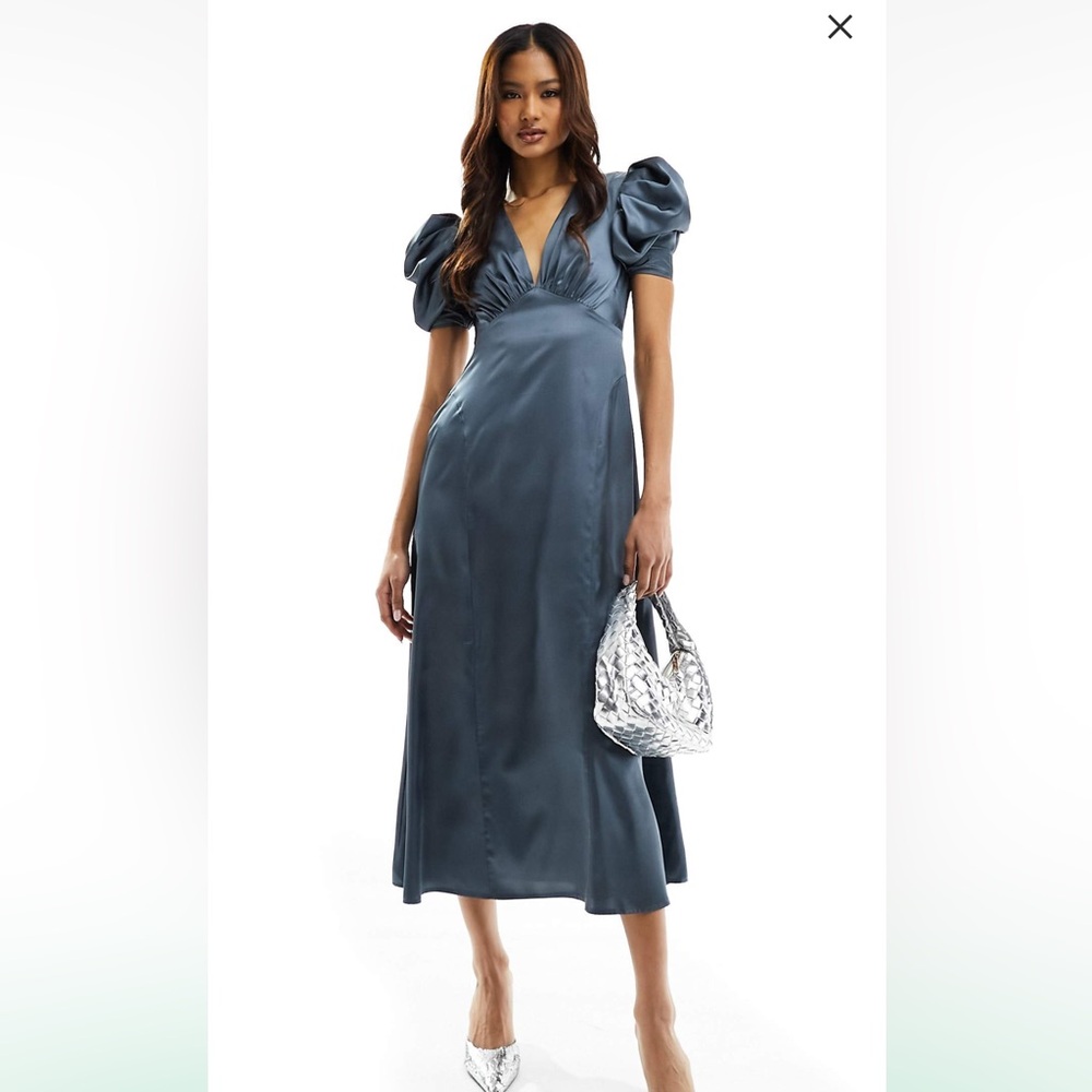 Satin Blue Gray Midi Dress